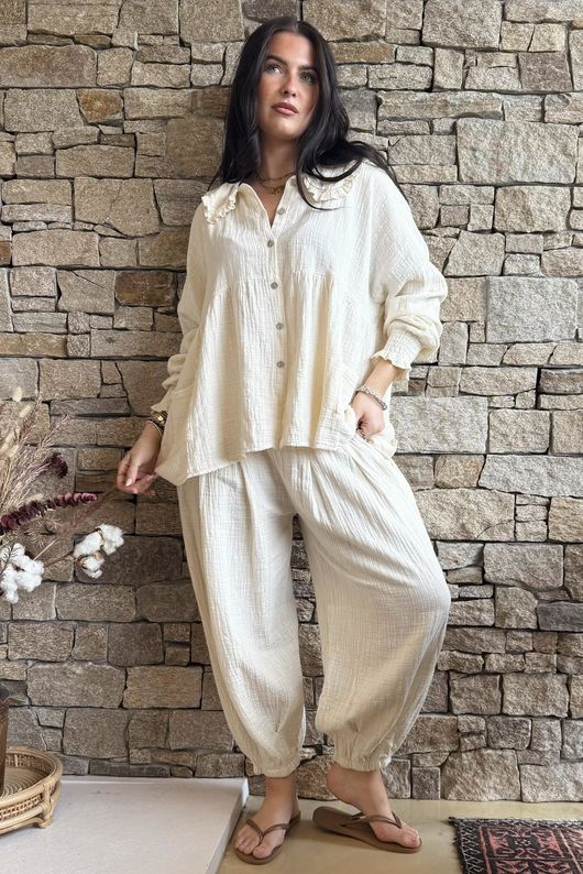 Annie Cushion Cotton Peter Pan Smock Blouse Panna Cotta